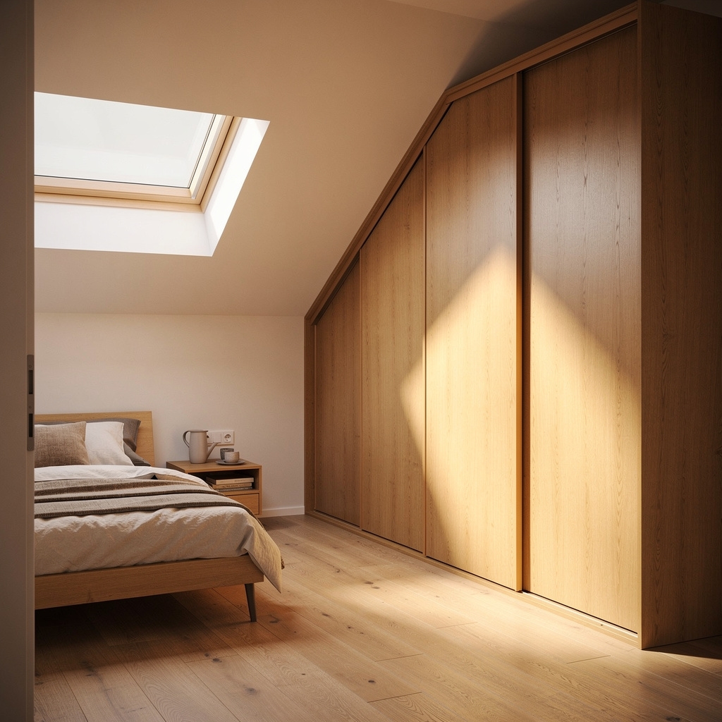Schlafzimmer mit maßgefertigter Schrankwand unter Dachschräge