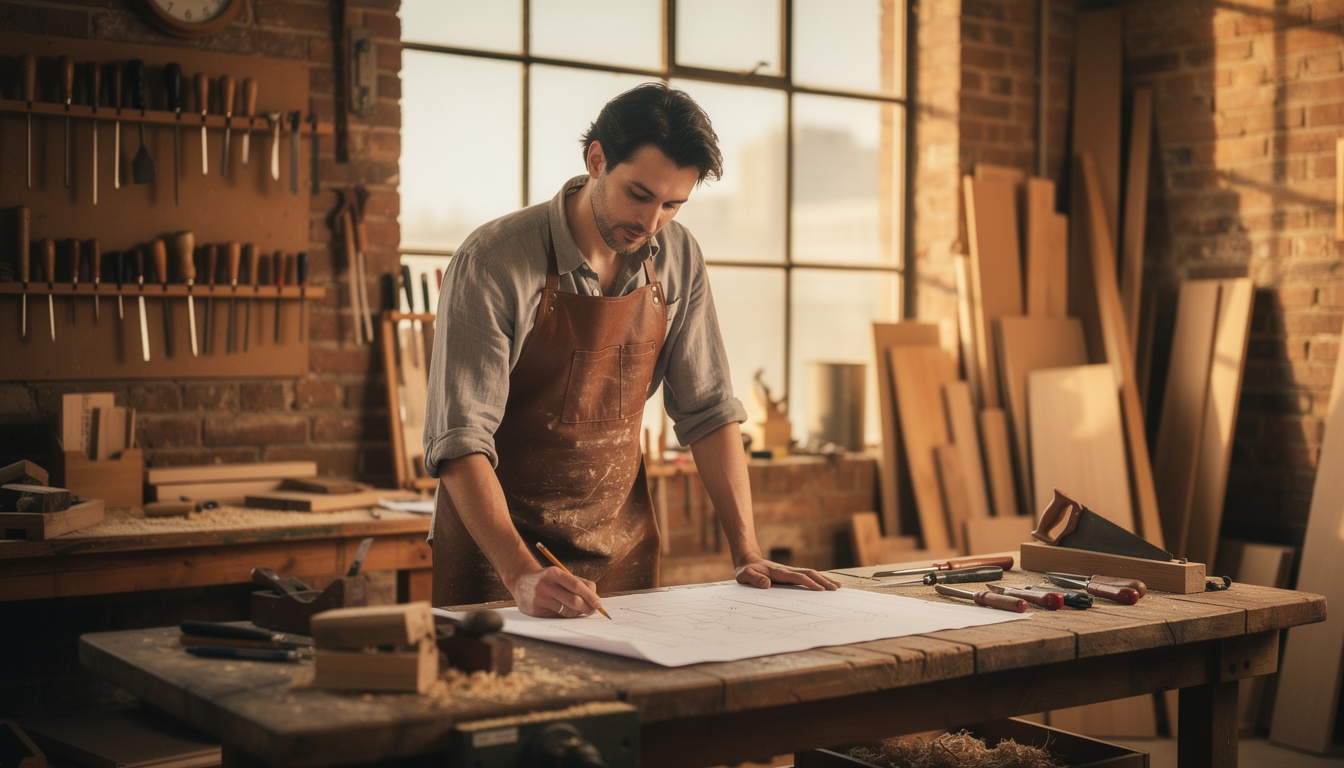 Tischlermeister in der Werkstatt bei der Arbeit an einem Möbelstück