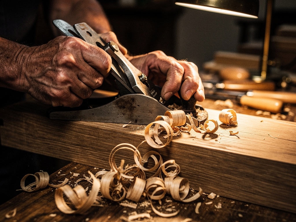 Detailaufnahme handwerklicher Holzbearbeitung in der Werkstatt